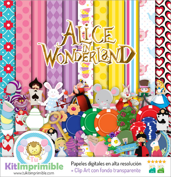 Alice in Wonderland Digital Paper M8 - Patterns, Characters and Accessories