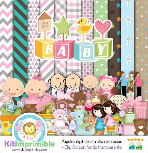 Papel M4 Digital para Chá de Bebê - Padrões, Personagens e Acessórios