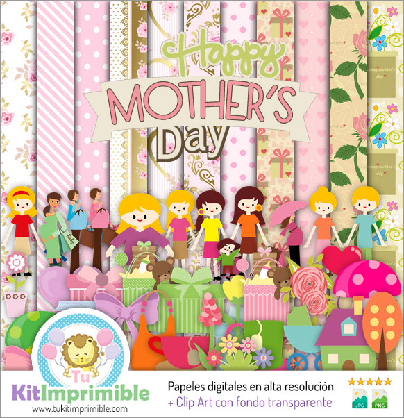 Papel digital M4 para o dia das mães - padrões, personagens e acessórios