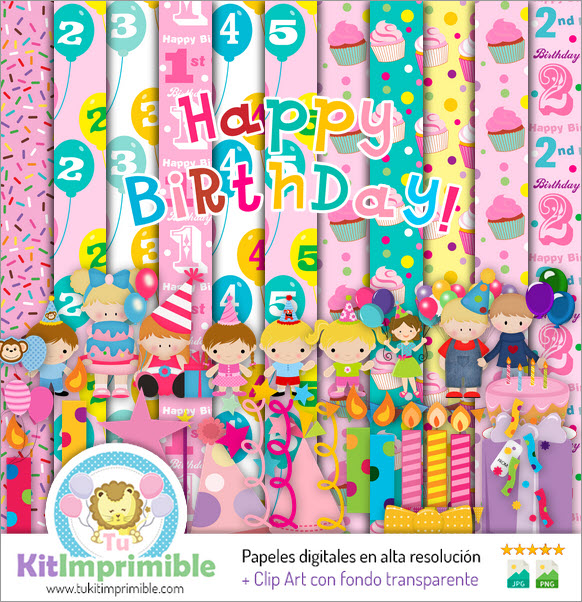 Happy Birthday Digital Paper M1 - Padrões, personagens e acessórios