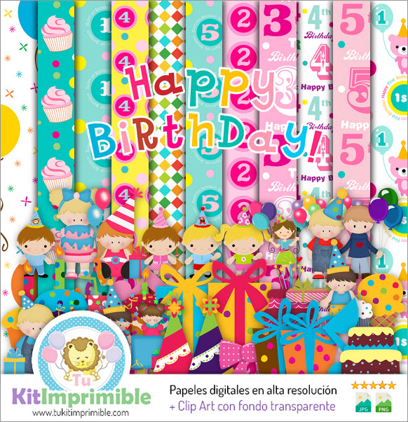 Happy Birthday Digital Paper M2 - Patterns, Characters and Accessories
