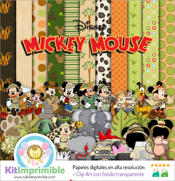 Digitales Papier Mickey Mouse Safari M1 – Muster, Charaktere und Zubehör