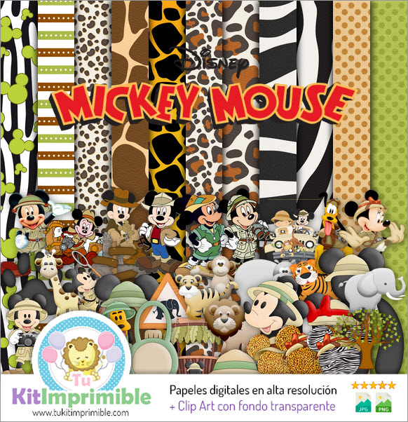 Digitales Papier Mickey Mouse Safari M2 – Muster, Charaktere und Zubehör