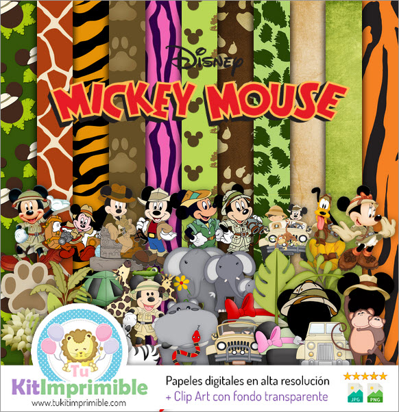 Digitales Papier Mickey Mouse Safari M3 – Muster, Charaktere und Zubehör