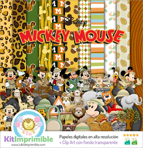 Digitales Papier Mickey Mouse Safari M4 – Muster, Charaktere und Zubehör