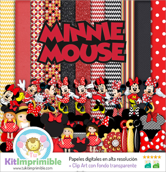 Цифровая бумага Red Minnie Mouse M4 - выкройки, персонажи и аксессуары