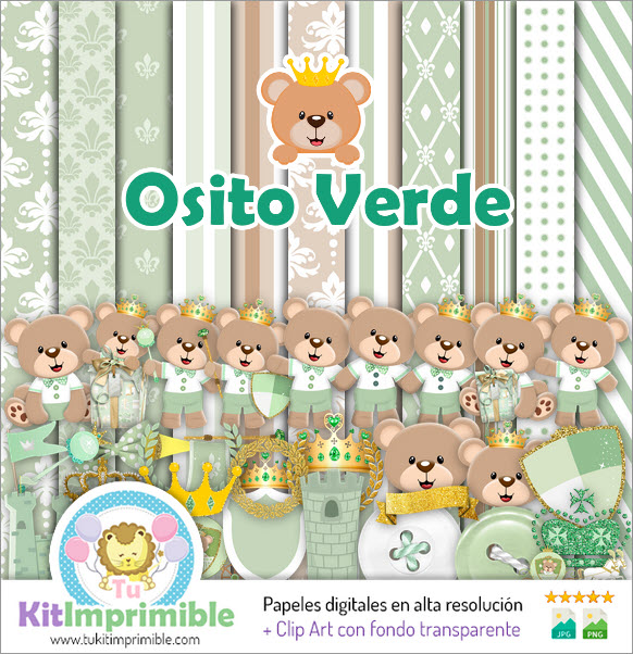 Grüner Prinz Teddybär Digitalpapier M1 – Muster, Charaktere und Zubehör