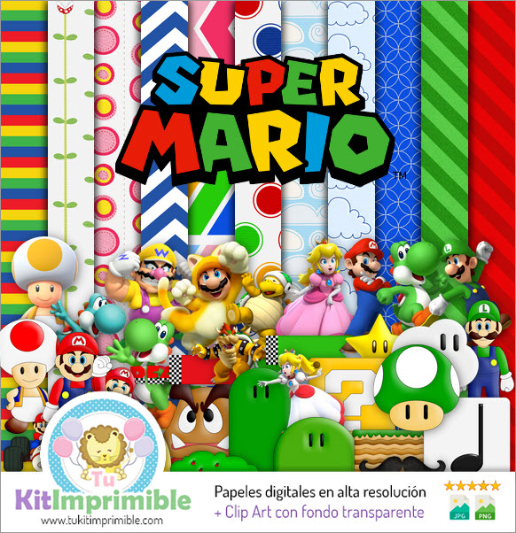 Papel Digital Super Mario Bros M1 - Padrões, Personagens e Acessórios