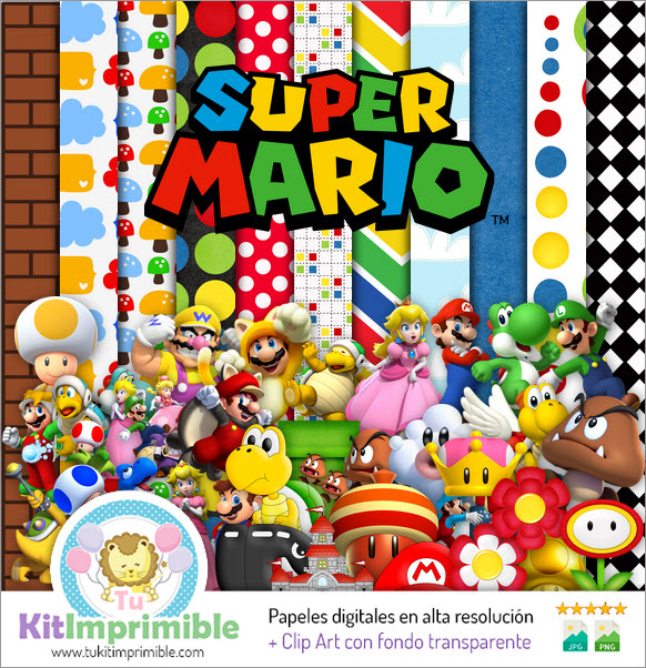Papel Digital Super Mario Bros M4 - Padrões, Personagens e Acessórios
