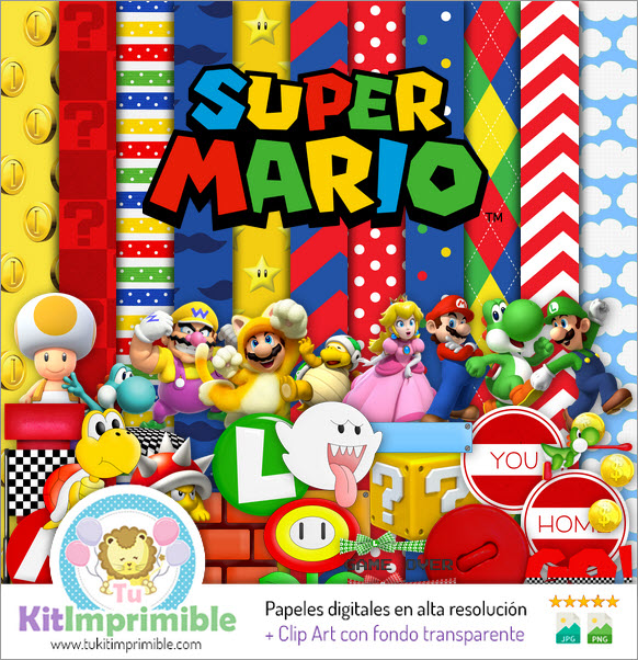 Papel Digital Super Mario Bros M5 - Padrões, Personagens e Acessórios